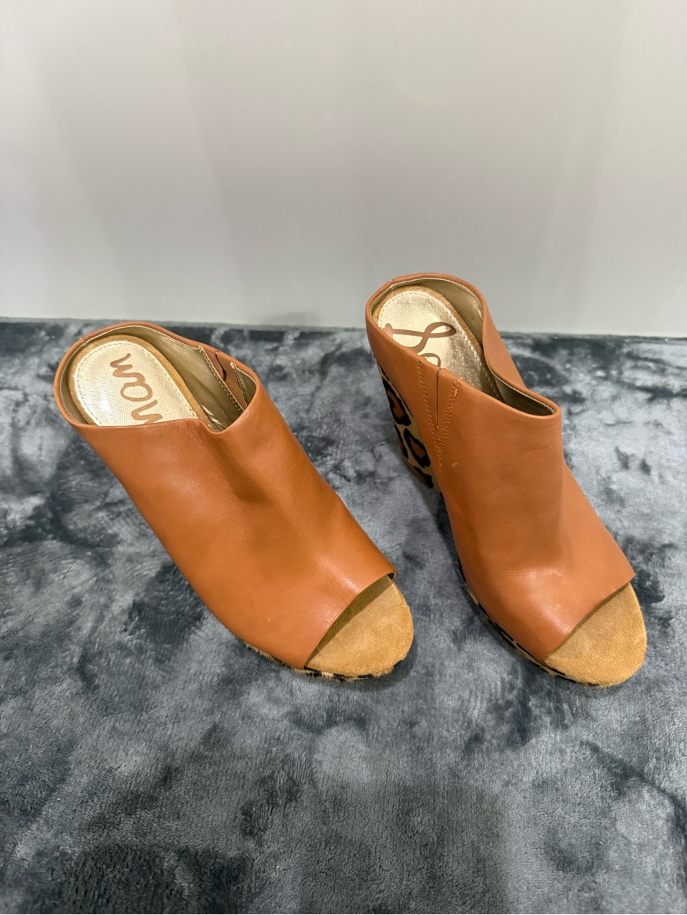 Sam Edelman Open-Toe Leather Wedge Mules in Cognac